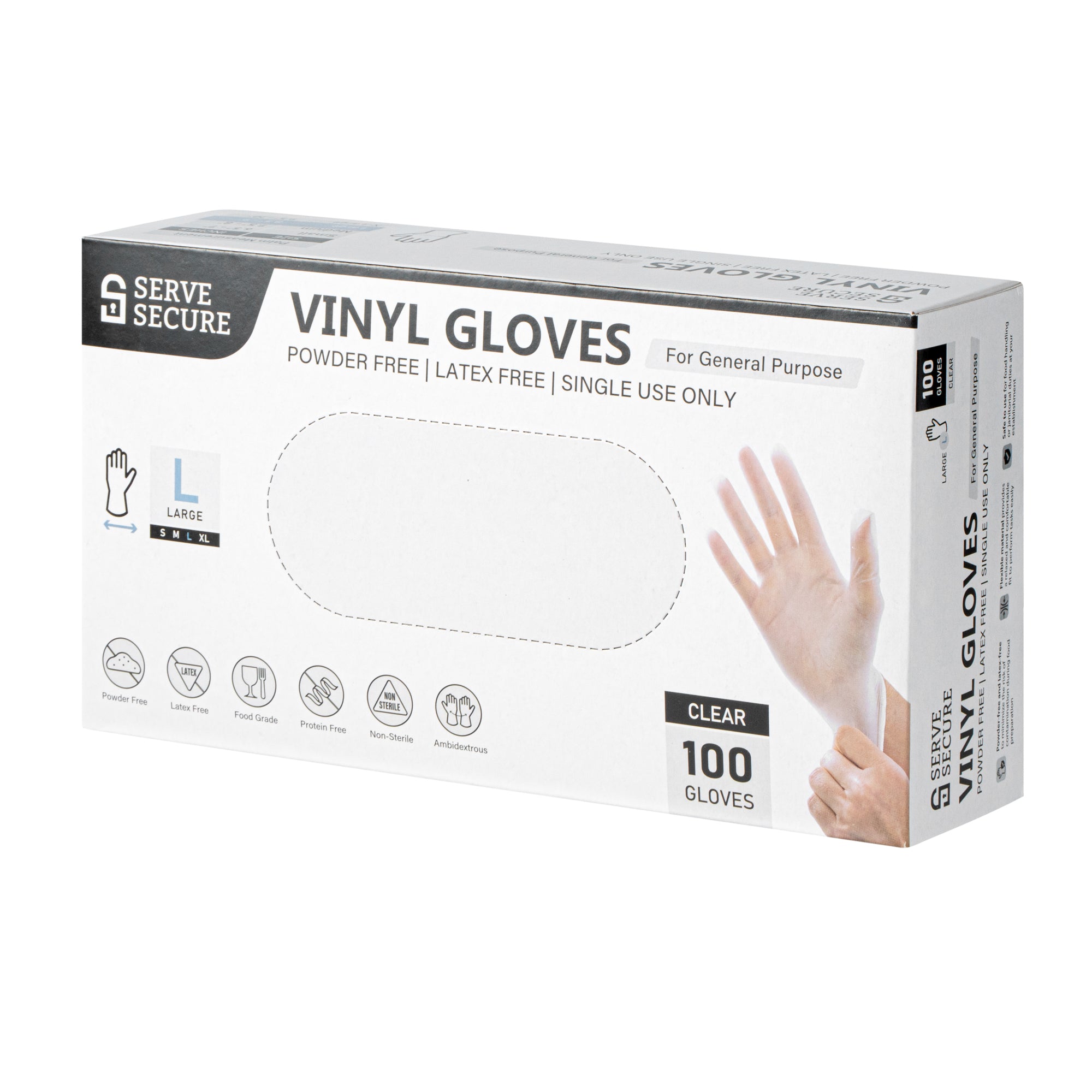 Serve Secure Clear Large Vinyl Gloves - Powder-Free, Latex-Free - 9" x 4 1/4" - 1000 count box