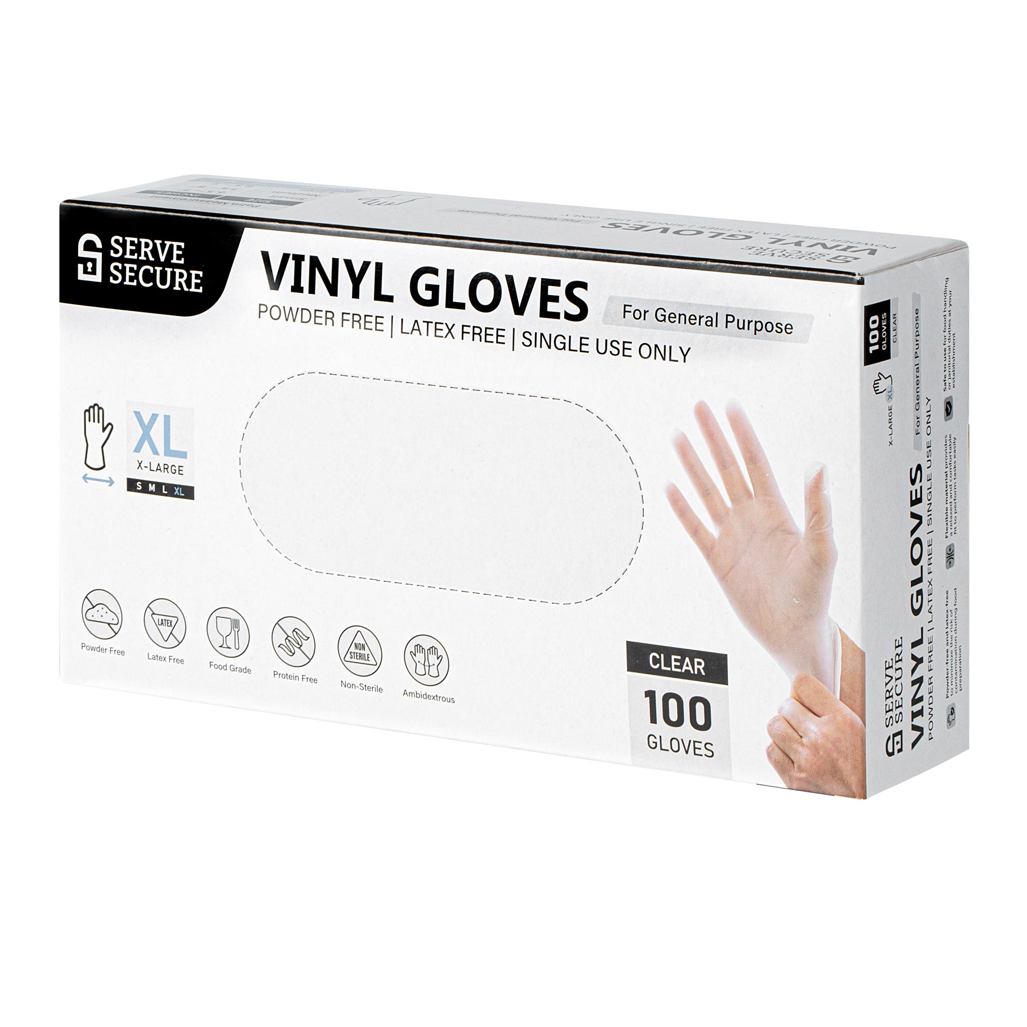 Serve Secure Clear Extra Large Vinyl Gloves - Powder-Free, Latex-Free - 9" x 4 1/2" - 1000 count box