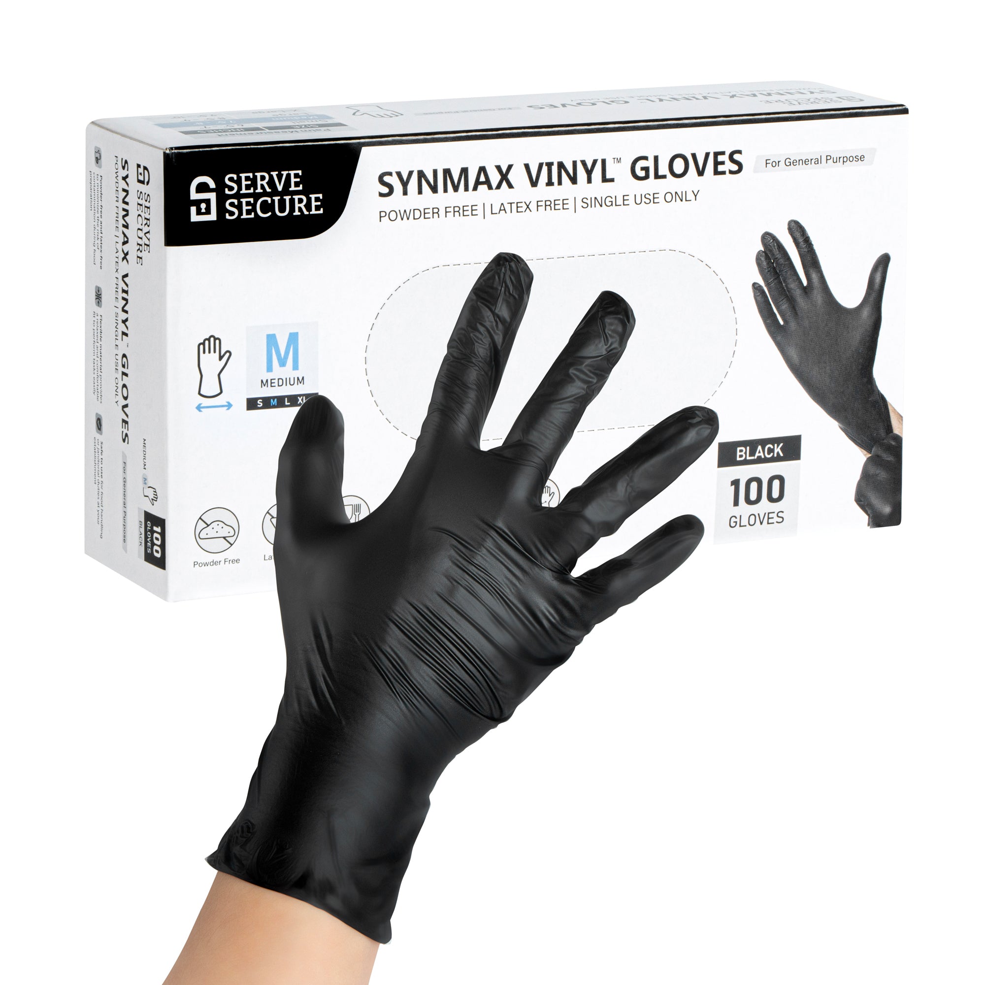 Serve Secure Black Medium Synmax Vinyl Gloves - Powder-Free, Latex-Free - 9" x 3 3/4" - 1000 count box