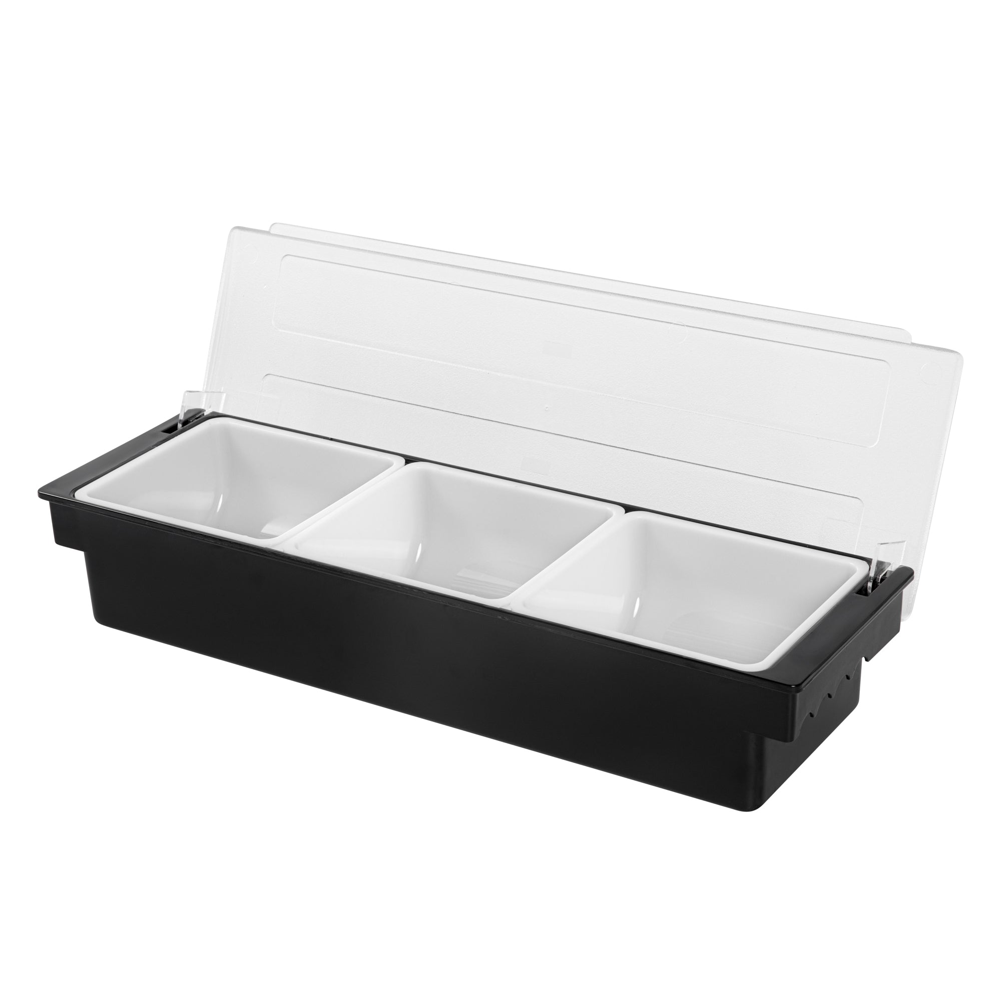 Bar Lux Black Plastic Condiment Caddy - 3 Compartments - 19 1/2" x 6 1/4" x 3 3/4" - 1 count box