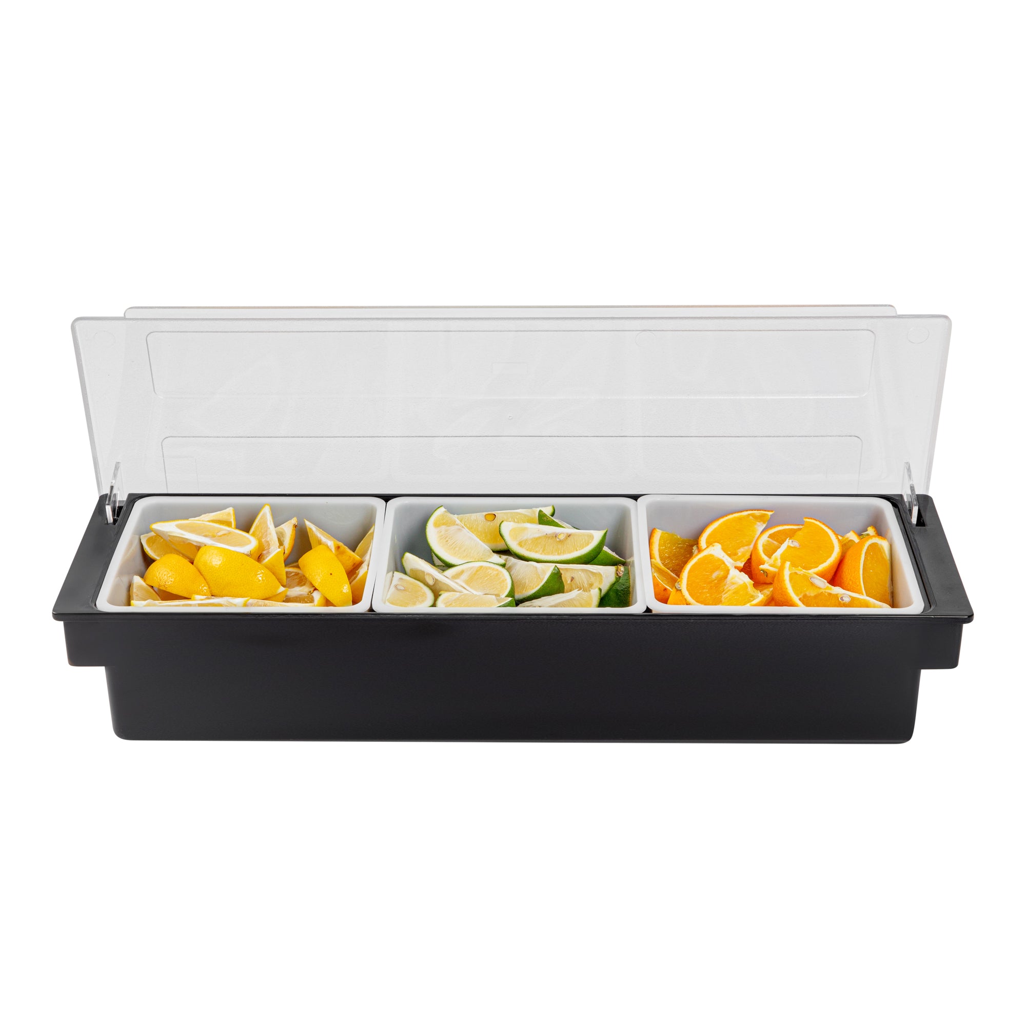 Bar Lux Black Plastic Condiment Caddy - 3 Compartments - 19 1/2" x 6 1/4" x 3 3/4" - 1 count box