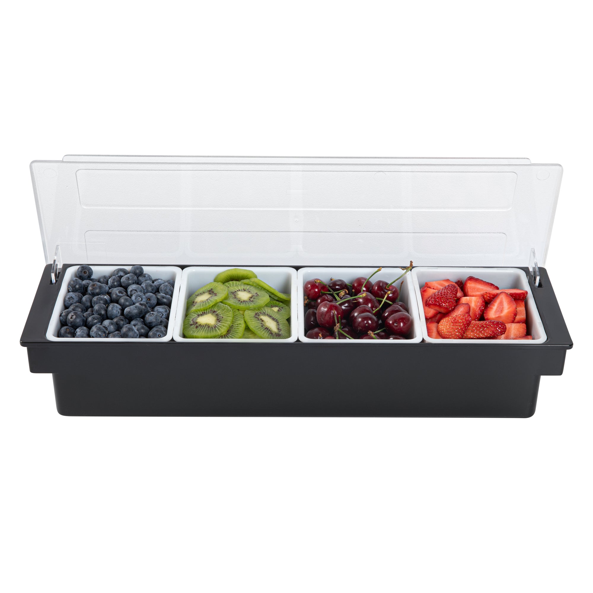 Bar Lux Black Plastic Condiment Caddy - 4 Compartments - 19 1/2" x 6 1/4" x 3 3/4" - 1 count box