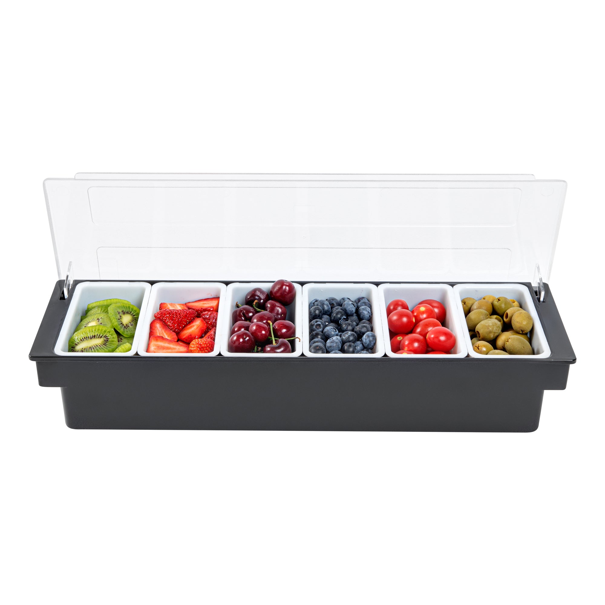 Bar Lux Black Plastic Condiment Caddy - 6 Compartments - 19 1/2" x 6 1/4" x 3 3/4" - 1 count box