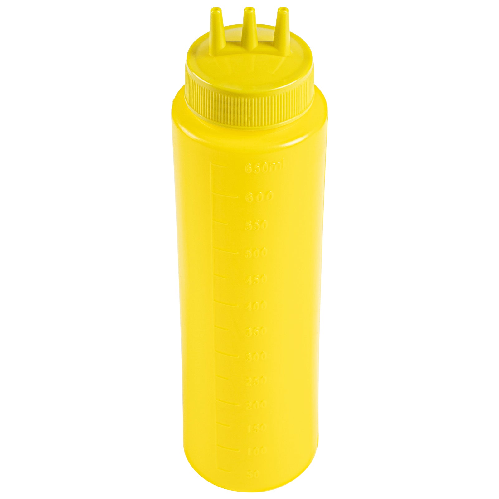 24 oz Yellow Plastic Mustard Squeeze Bottle - with Triple Dispersion Tip - 2 1/2" x 2 1/2" x 9 3/4" - 6 count box