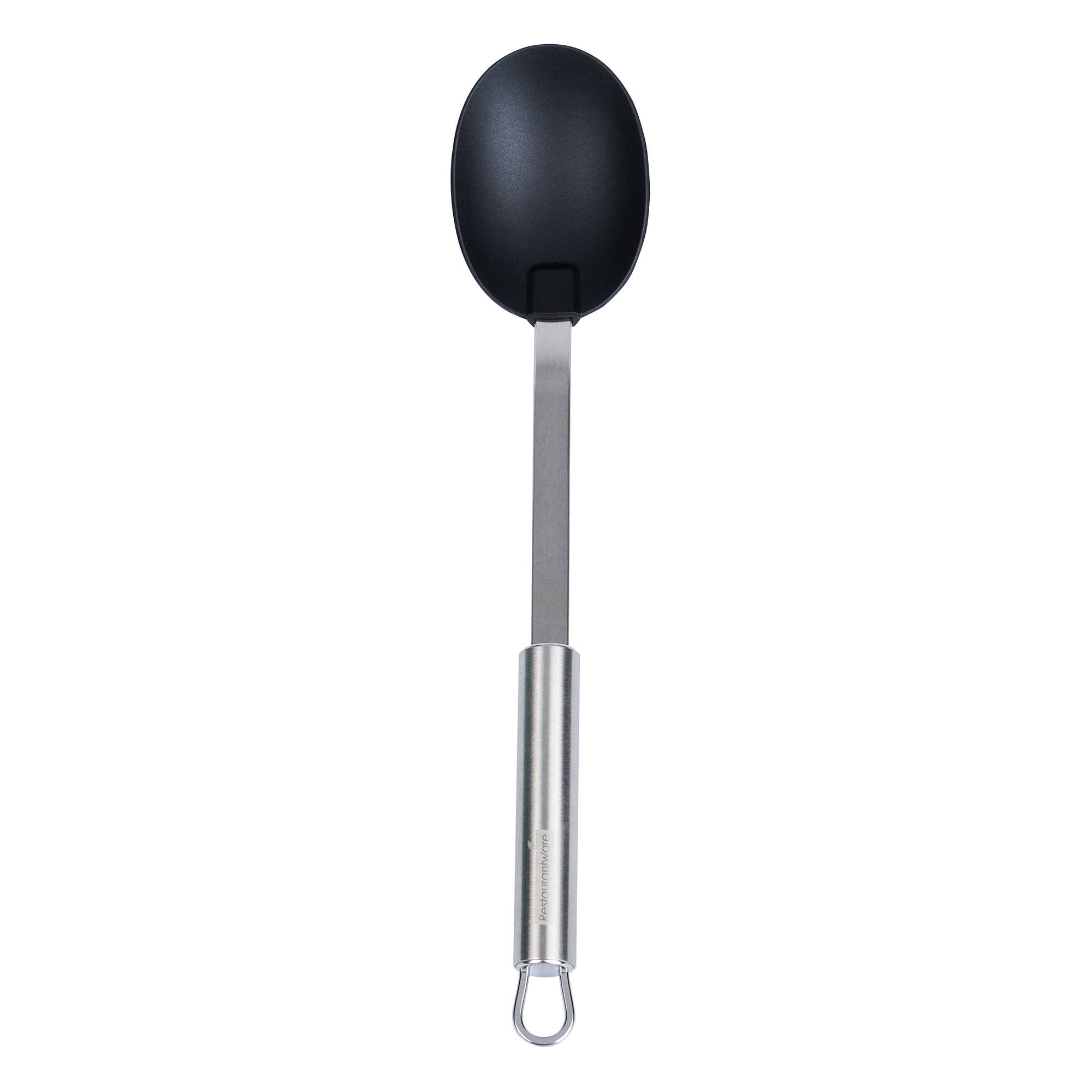 German Standard Black Nylon High Heat Solid Serving Spoon - with Stainless Steel Handle - 12 1/2'' x 2 1/2'' x 1 1/2'' - 1 count box