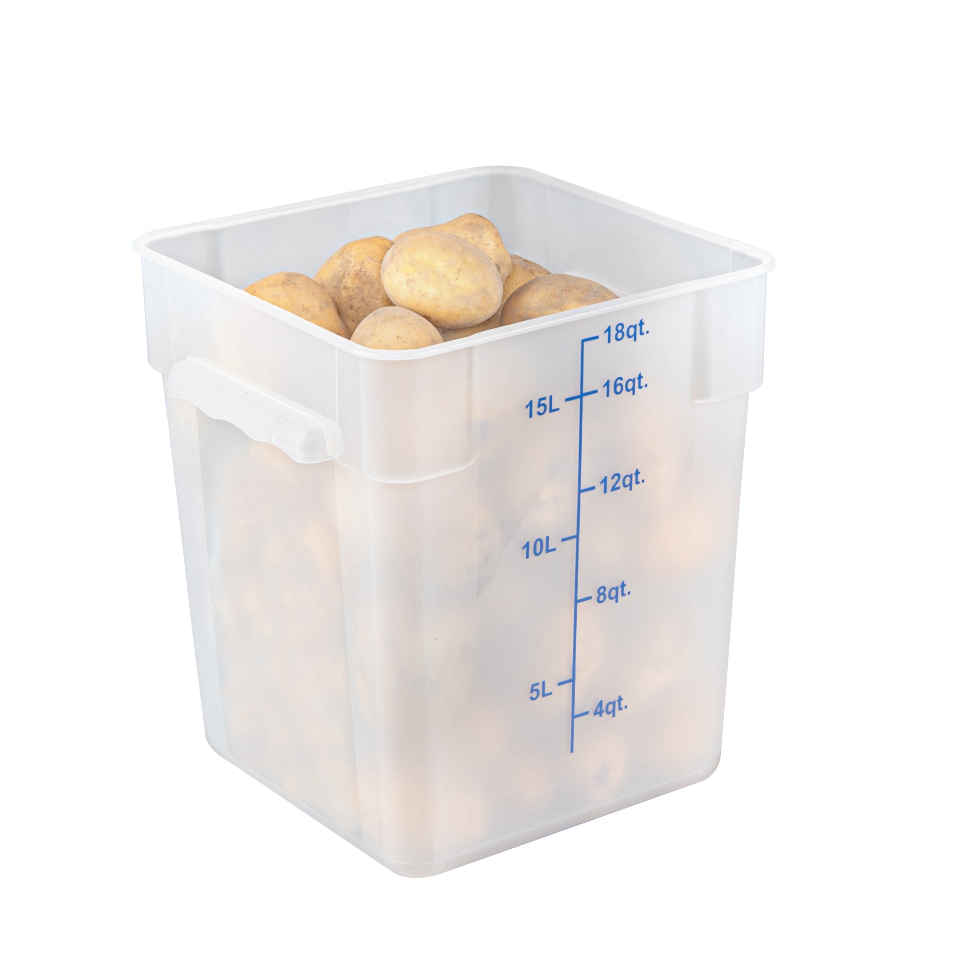 Met Lux 18 qt Square Translucent Plastic Food Storage Container - with Blue Volume Markers - 11" x 11" x 12 1/2" - 1 count box