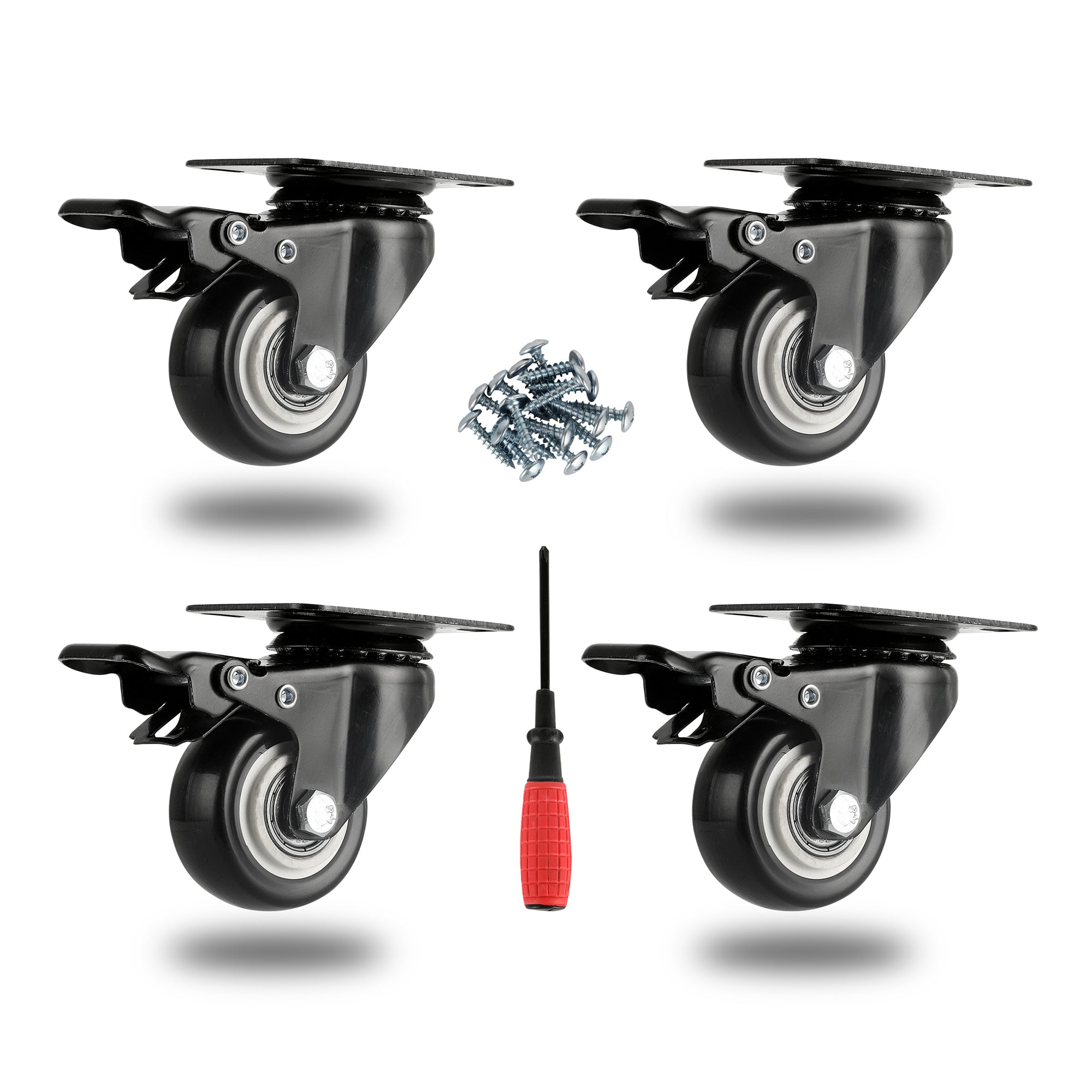 RW Hardware Black Swivel Plate Caster - with Brakes and Mounting Hardware - 2" - 4 count box