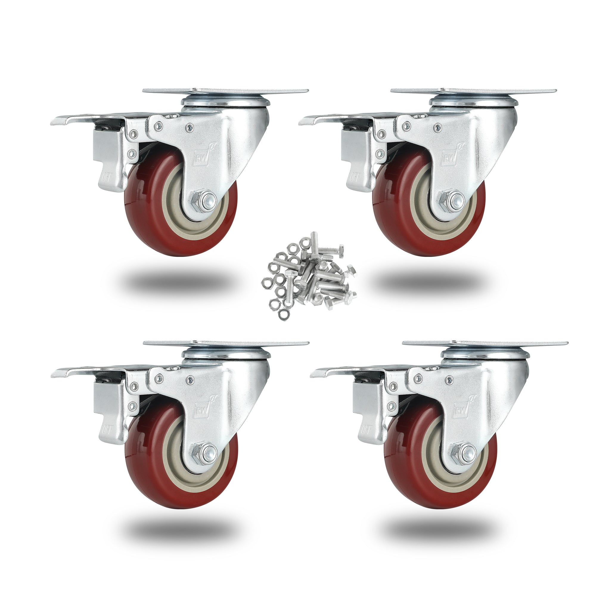 RW Hardware Red Swivel Plate Caster - with Brakes and Mounting Hardware - 3" - 4 count box