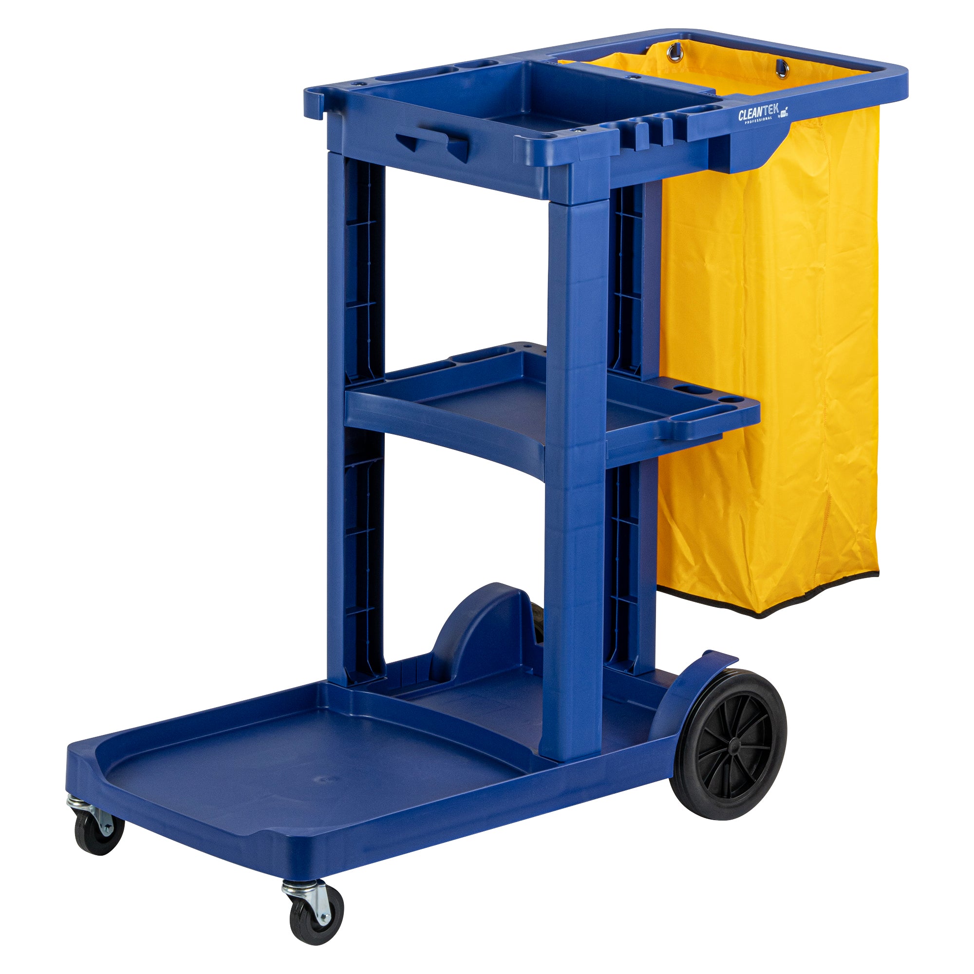 Clean Tek Professional Blue 3-Shelf Janitor Cart - 18 gal Bag - 44" x 18 1/2" x 37 3/4" - 1 count box