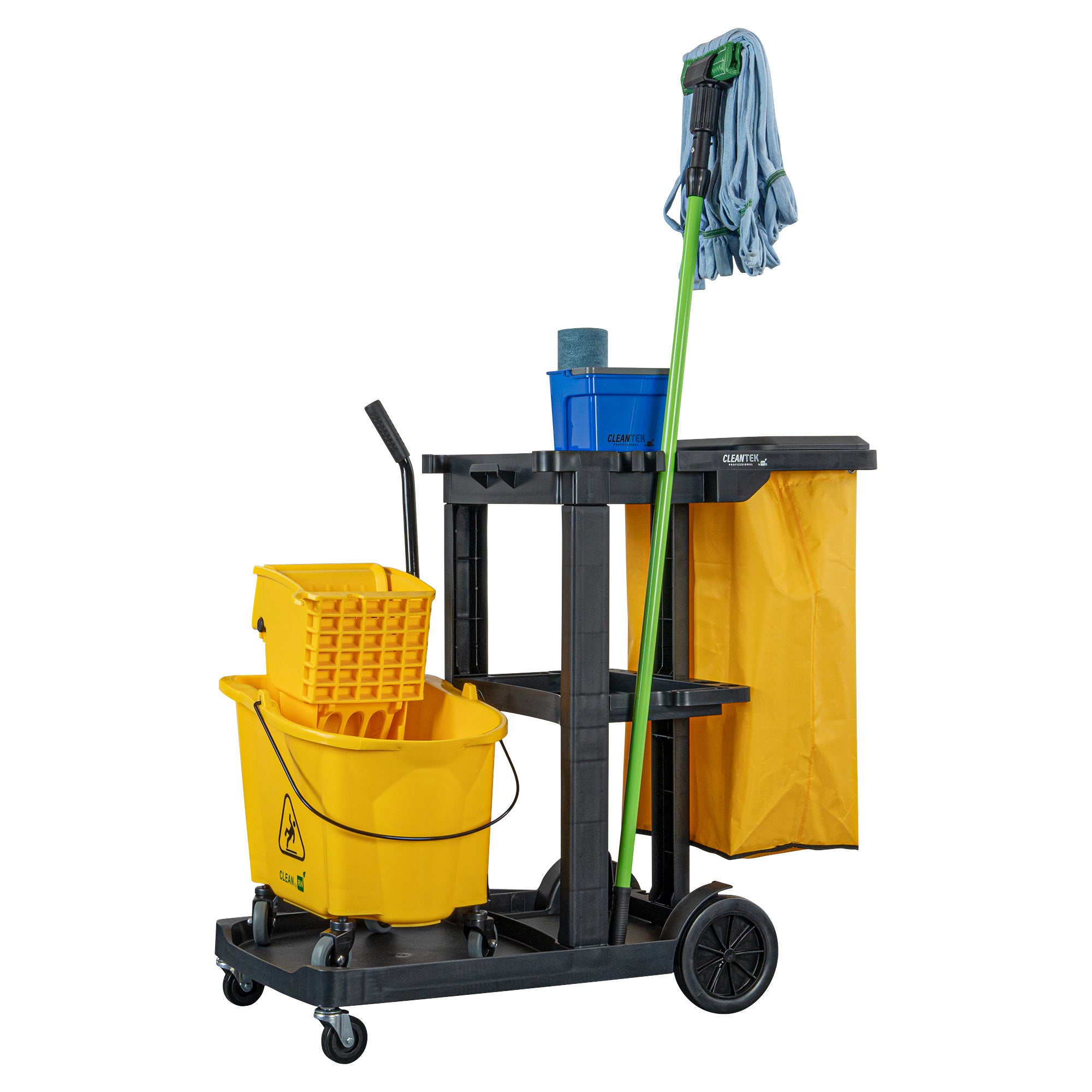 Clean Tek Professional Black 3-Shelf Janitor Cart - 18 gal Bag, Lid - 44" x 18 1/2" x 39" - 1 count box