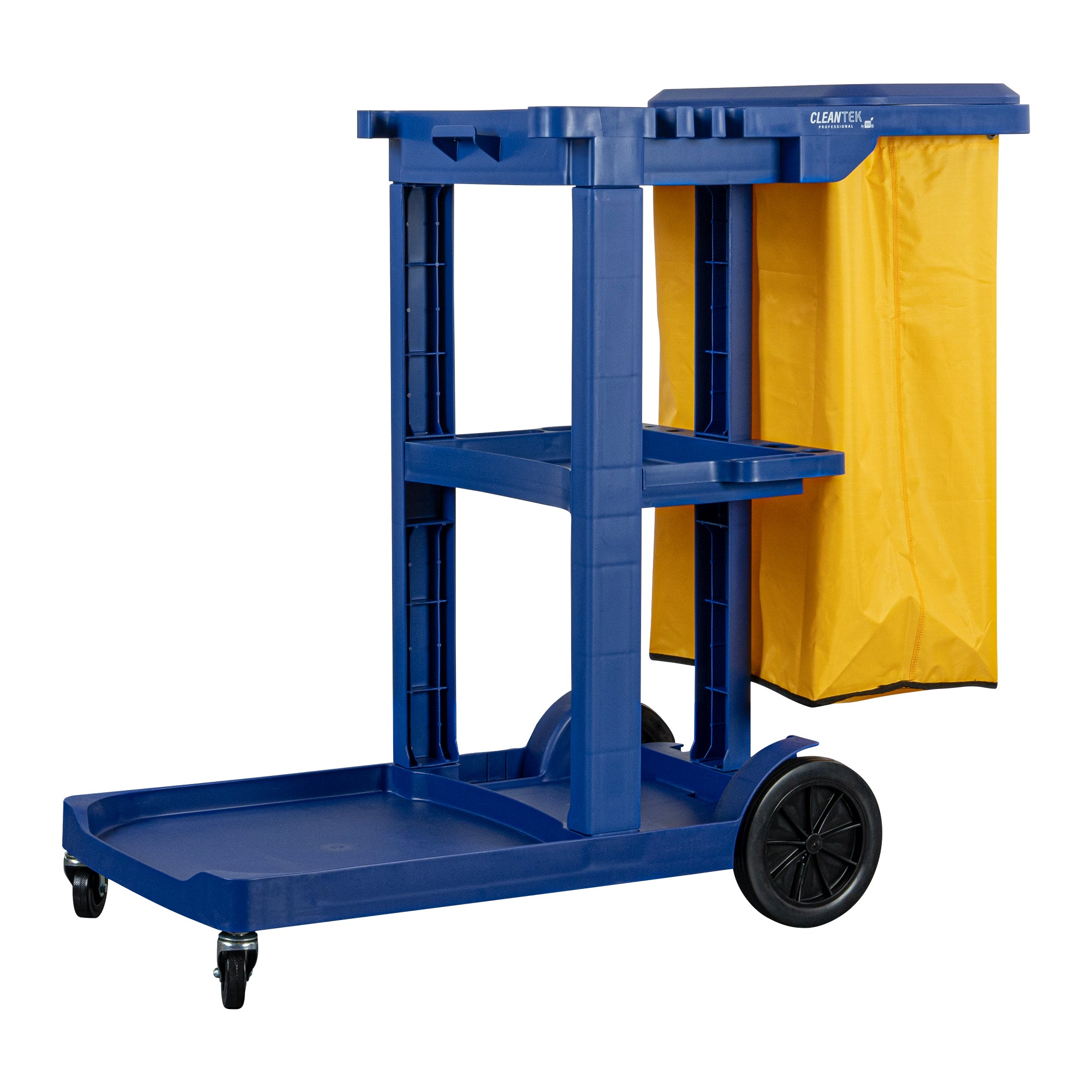 Clean Tek Professional Blue 3-Shelf Janitor Cart - 18 gal Bag, Lid - 44" x 18 1/2" x 39" - 1 count box