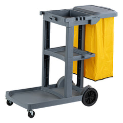 Clean Tek Professional Gray 3-Shelf Janitor Cart - 18 gal Bag, Lid - 44