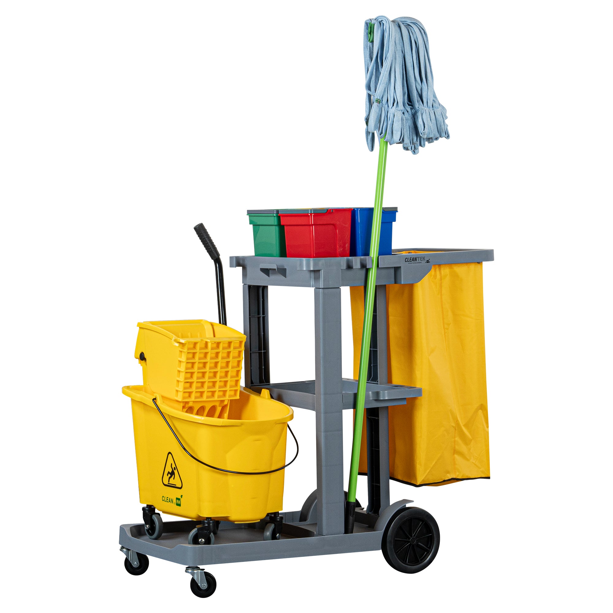 Clean Tek Professional Gray 3-Shelf Janitor Cart - 18 gal Bag, 4 Buckets - 44" x 18 1/2" x 43 1/4" - 1 count box