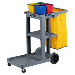 Clean Tek Professional Gray 3-Shelf Janitor Cart - 18 gal Bag, 4 Buckets - 44