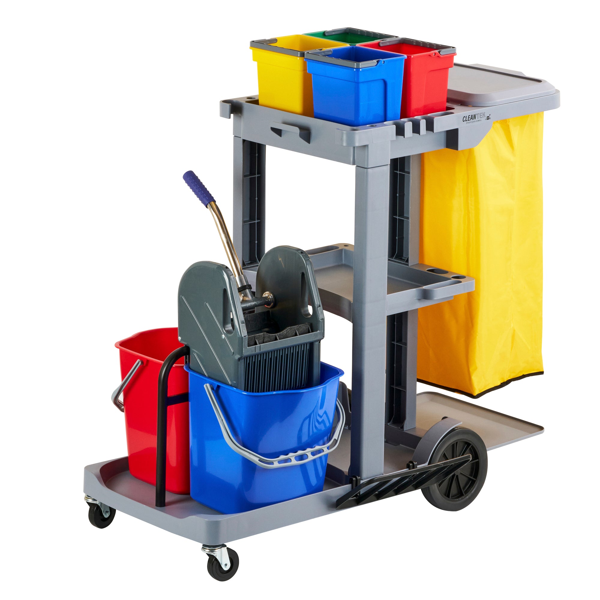 Clean Tek Professional Gray 3-Shelf Janitor Cart - 18 gal Bag, Lid, 6 Buckets and 1 Wringer - 44" x 28" x 43 1/4" - 1 count box