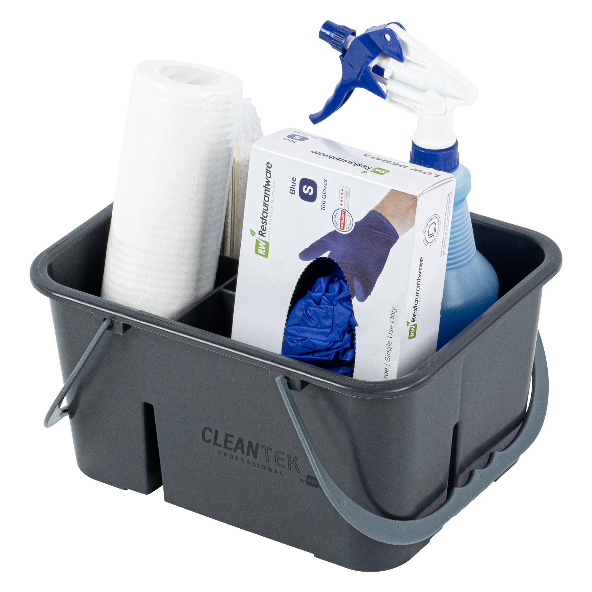 Clean Tek Professional Gray Cleaning Caddy - 4 Compartments, with 2 Handles - 11 1/2" x 9" x 6" - 1 count box