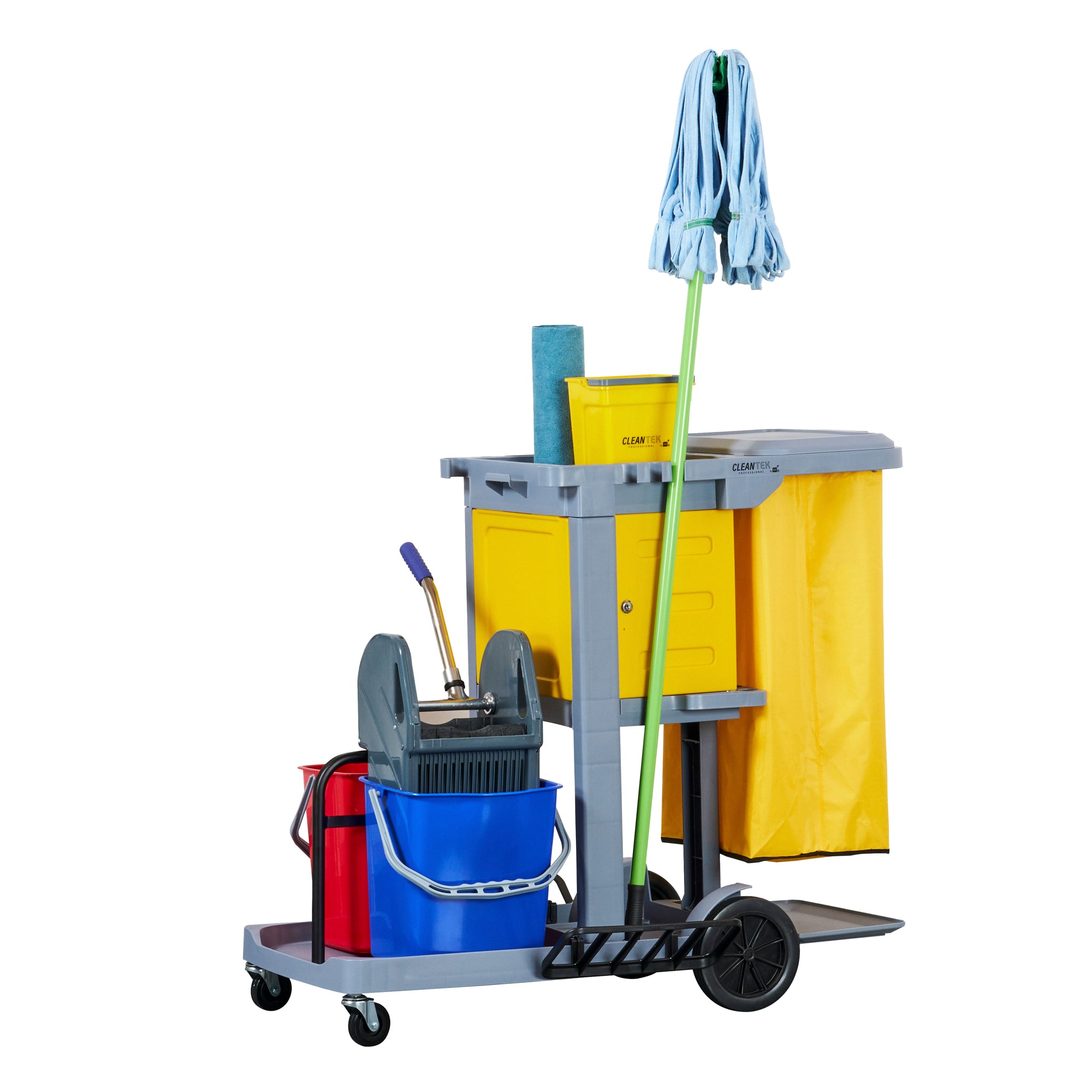 Clean Tek Professional Gray 3-Shelf Janitor Cart - 18 gal Bag, Lid, 2 Buckets, 1 Wringer and 1 Locking Cabinet - 44" x 28" x 39" - 1 count box