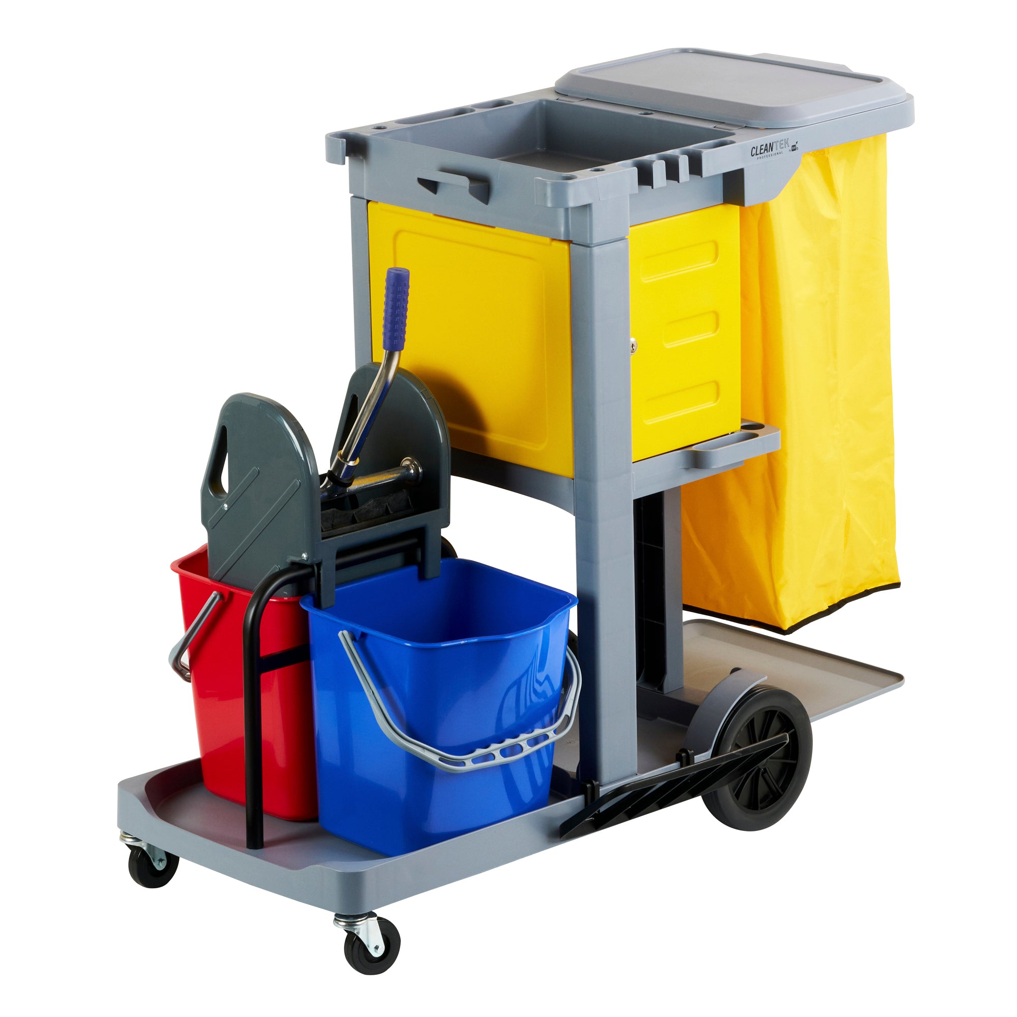 Clean Tek Professional Gray 3-Shelf Janitor Cart - 18 gal Bag, Lid, 2 Buckets, 1 Wringer and 1 Locking Cabinet - 44" x 28" x 39" - 1 count box