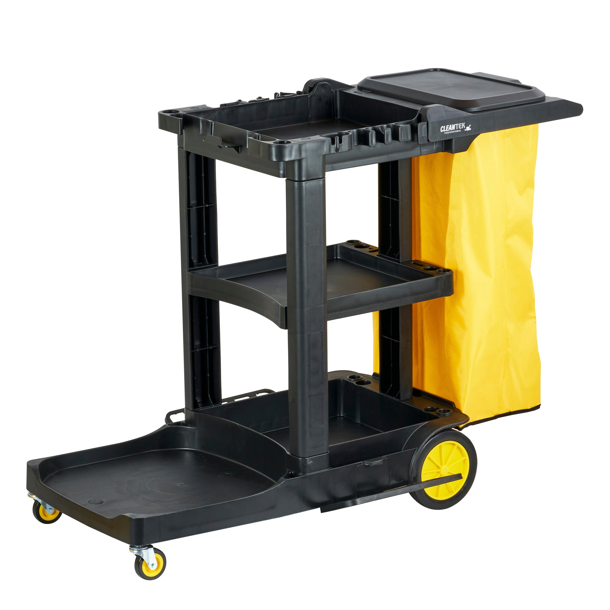 Clean Tek Professional Black Heavy Duty 3-Shelf Janitor Cart - 21 gal Bag, Lid - 52 1/4" x 33 1/2" x 39" - 1 count box