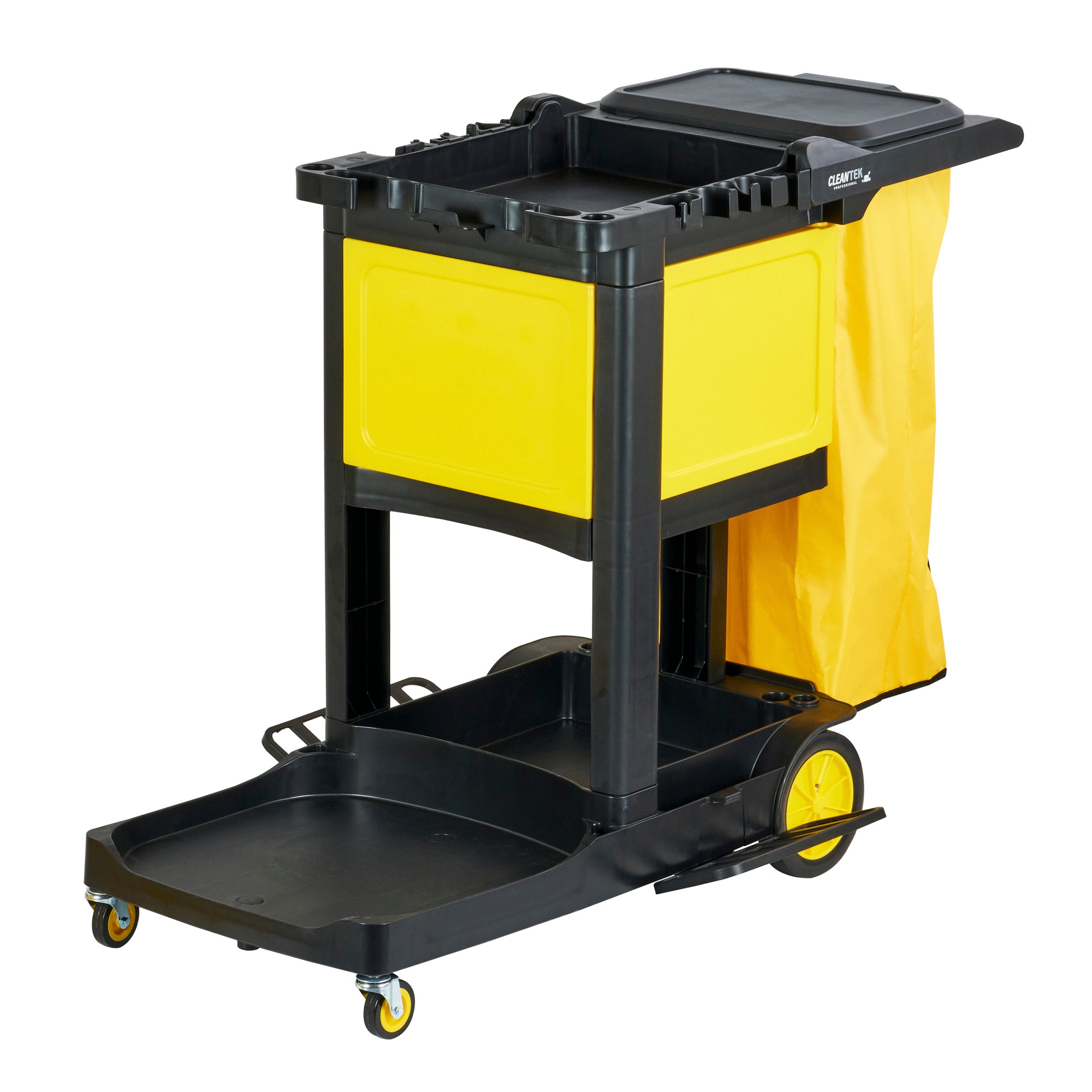 Clean Tek Professional Black Heavy Duty 3-Shelf Janitor Cart - 21 gal Bag, Lid, Single Locking Cabinet - 53 1/2" x 33 1/2" x 39" - 1 count box